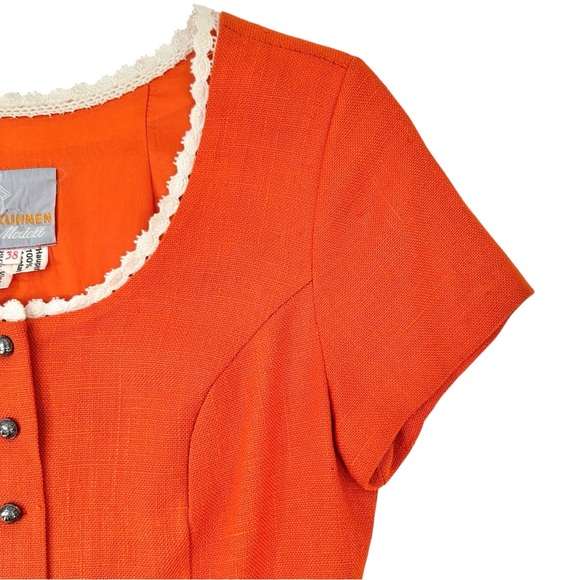 European Vintage Kuhnen Modell Orange Linen Crochet Lace Trim Short Sleeve Top - Picture 3 of 6